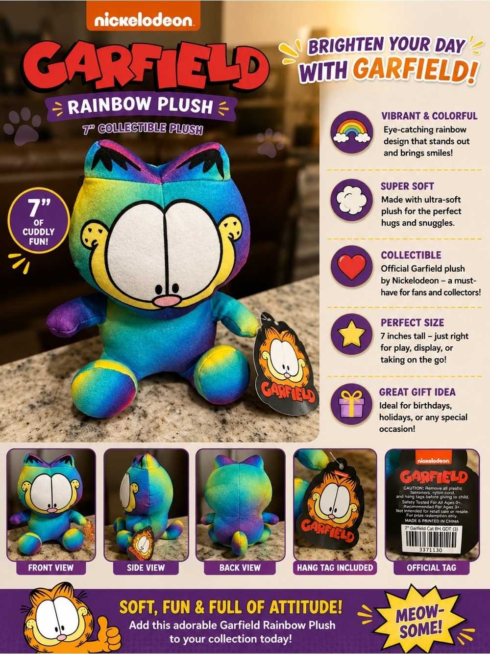 Rainbow Garfield Plush Toy - Multicolor Kids Stuffed Animal